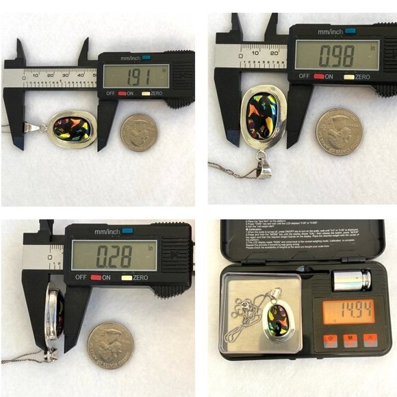 Sterling Silver 925 Oval Multi Color Dichroic Glass Pendant Necklace 18" Chain - Picture 10 of 16